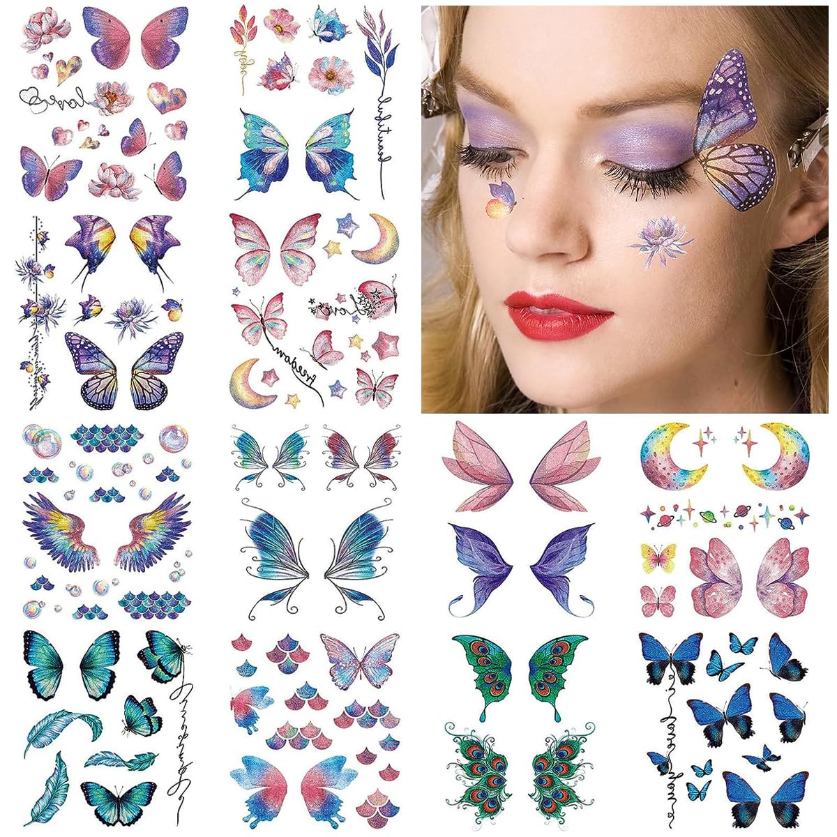 MAYCREATE Temporary Tattoo for Women Girls, Glitter Fake Tattoos Stickers for Face Arm Body, Adult Kids Freckle Tattoo Art for Rave Party Halloween (8 Styles) MAYCREATE Temporary Tattoo for Women Girls, Glitter Fake Tattoos Stickers for Face Arm Body, Adult Kids Freckle Tattoo Art for Rave Party Halloween (8 Styles)